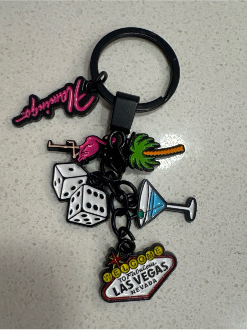 Las Vegas Charm Keychain with Pink Flamingo and Dice